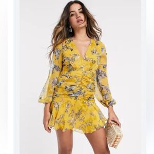 ASOS DESIGN Long Sleeve Mini Dress Yellow Floral Print Sequin Silver Sz 8 NEW